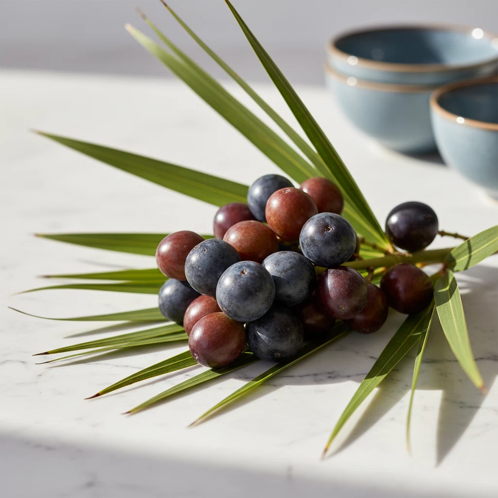 Saw palmetto -uute ravintolisä - tuoreita marjoja marmorilevyllä