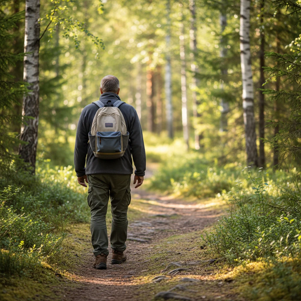 Anonyymi keski-ikäinen mies kävelee metsäpolulla Suomessa - aktiivinen arki ja lantioalueen verenkierto tukeminen elintavoilla